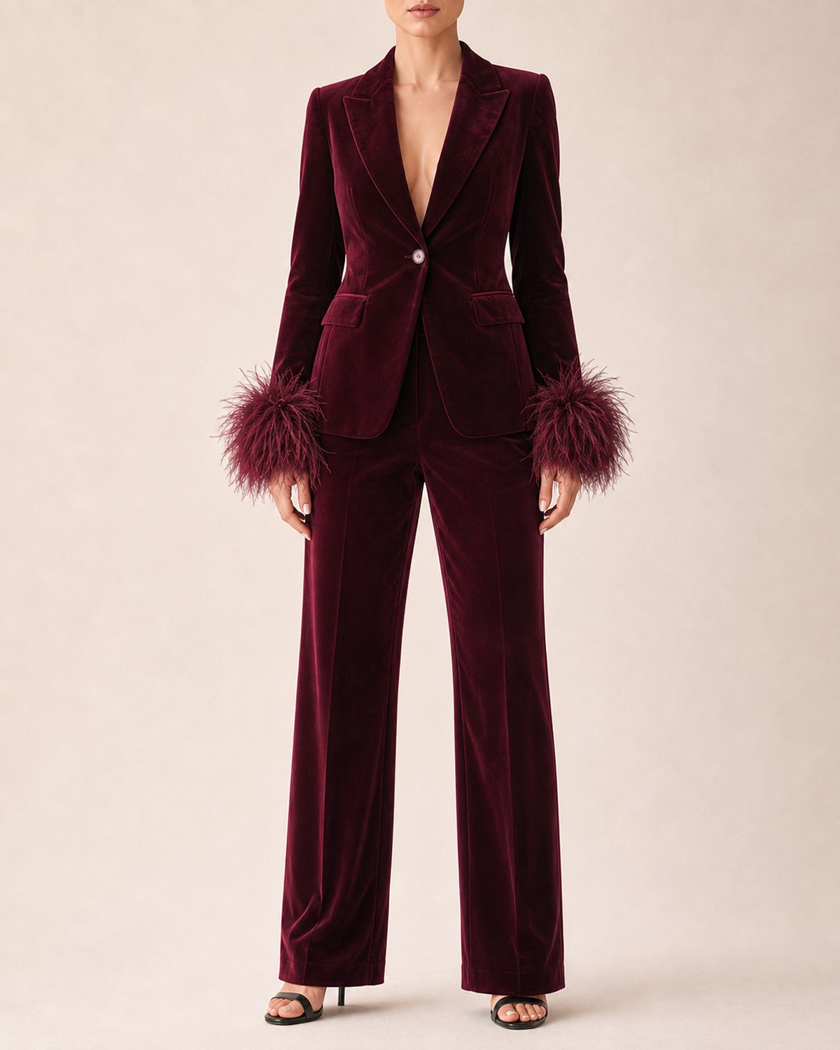 Burgundy Feather Velvet Suit Set