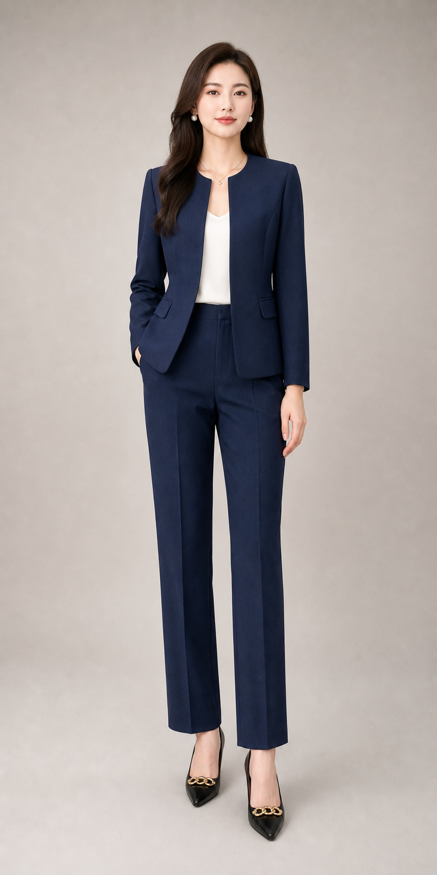 Navy Collarless Suit Set